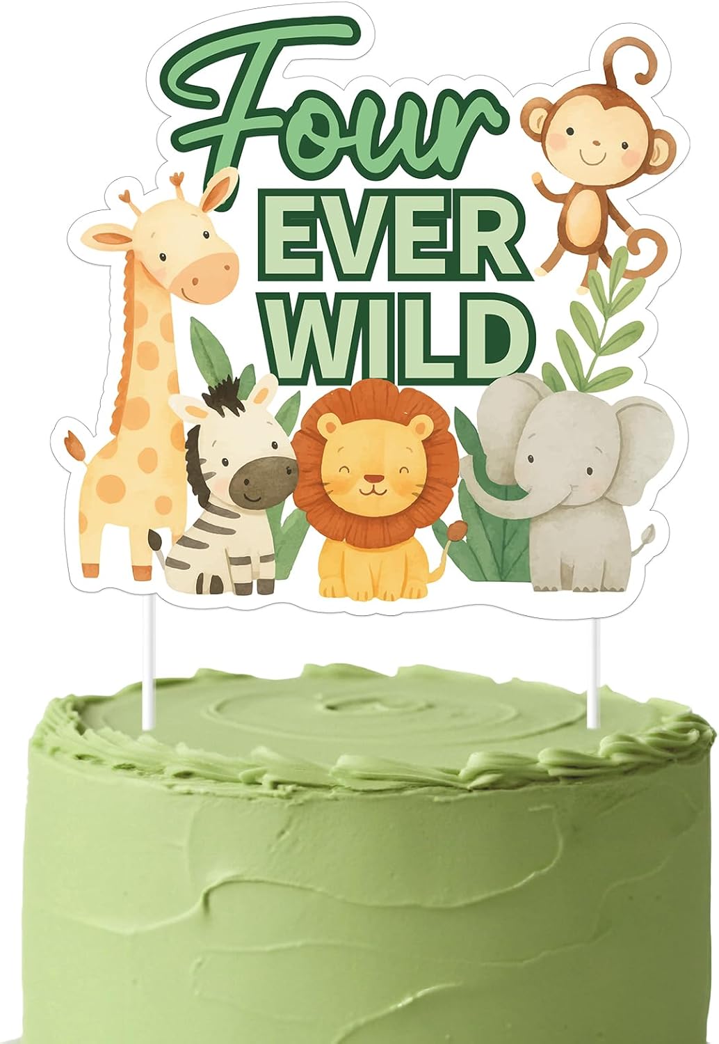 Four Ever Wild 4th Birthday Cake Topper,Double-Sided Jungle Safari Animals Happy Birthday Party Decoration for Boys Girls Wild Four Ever Wild Bir thday Supplies