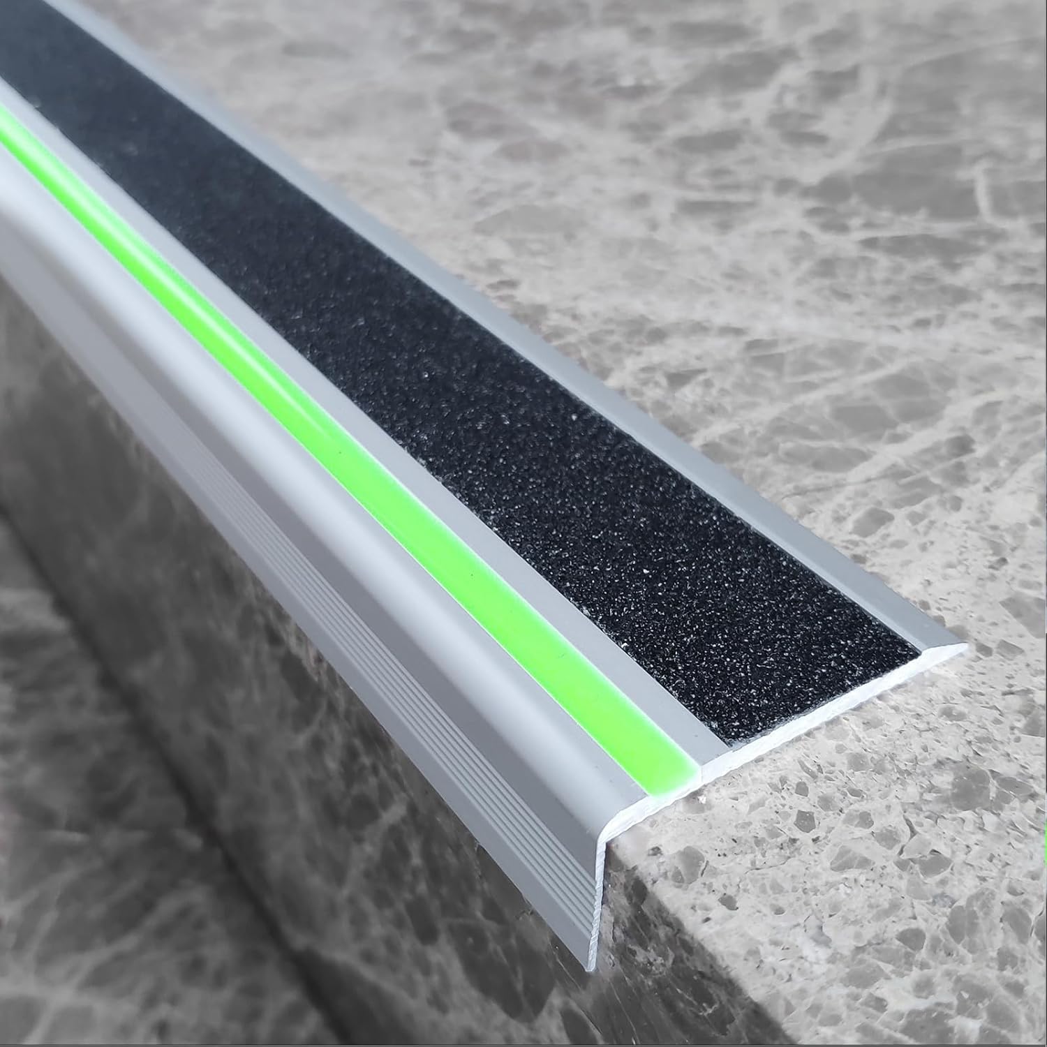 2 Pack 36 in L Shaped Stair Nosing with Green Glow Strip, Outdoor Aluminum Stair Edge Protector, Long Stair Edging Stair Trim, Anti Slip Traction Steps Treads Plate Help Elderly, Kids Walk