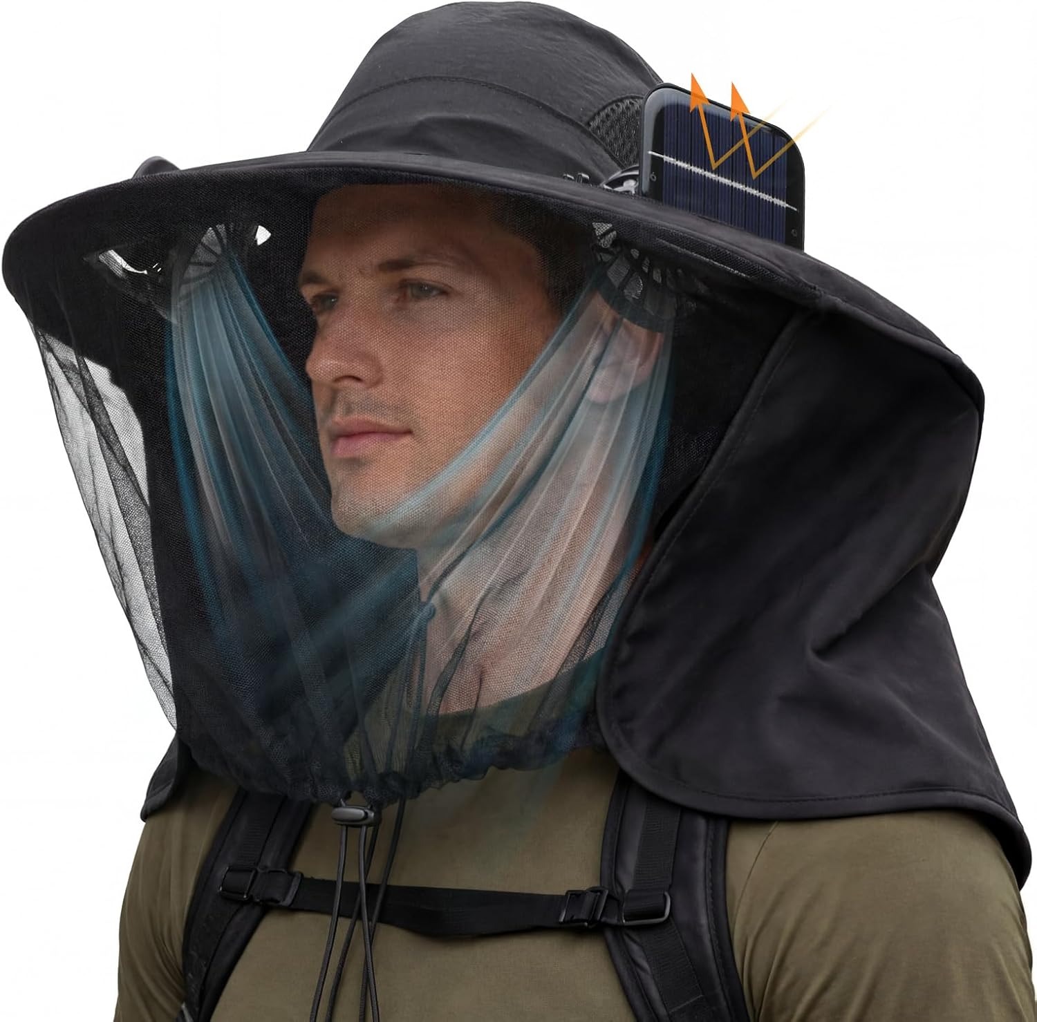 Mosquito Net Hat with 2 Solar Fan Wide Brim Sun Hat with Neck Flap Breathable UPF 50+ for Camping Hiking Fishing