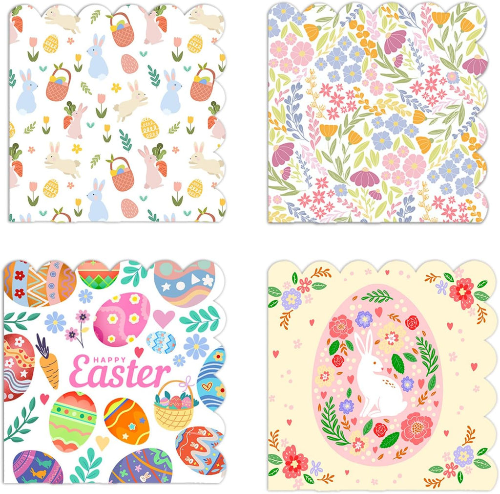 Easter Decoupage Napkins 40PCS, Scalloped Paper Dinner Napkins 13 x 13 Inch (6.5 x 6.5 Inch Folded), Bunny, Floral & Easter Egg Designs, Disposable Spring Party Napkins Table Decorations