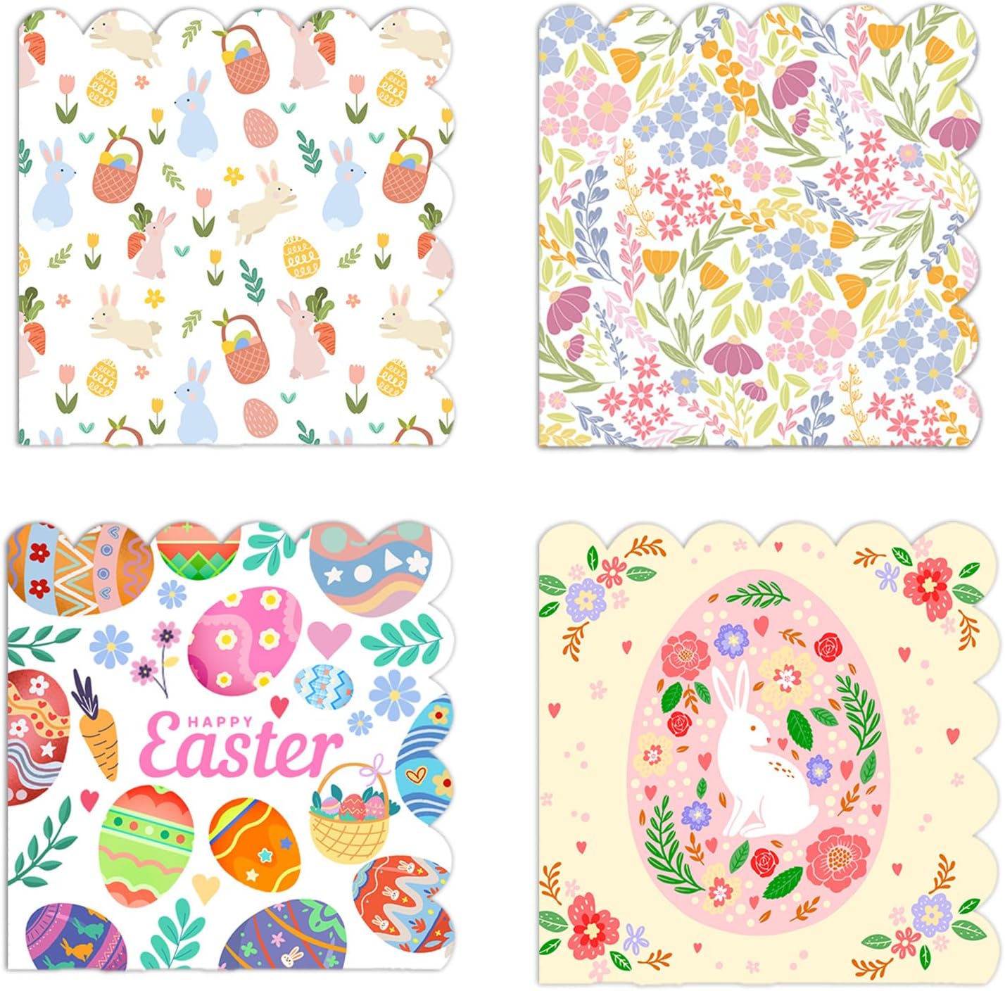 Easter Decoupage Napkins 40PCS, Scalloped Paper Dinner Napkins 13 x 13 Inch (6.5 x 6.5 Inch Folded), Bunny, Floral & Easter Egg Designs, Disposable Spring Party Napkins Table Decorations