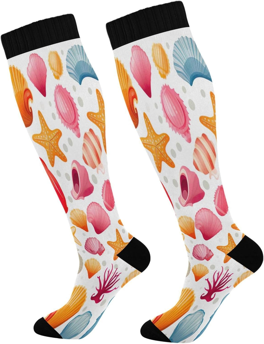 YETTASBIN Starfish Seashell Compression Socks for Women Men, Circulation Knee High Stockings for Running Cycling Medical