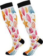 YETTASBIN Starfish Seashell Compression Socks for Women Men, Circulation Knee High Stockings for Running Cycling Medical