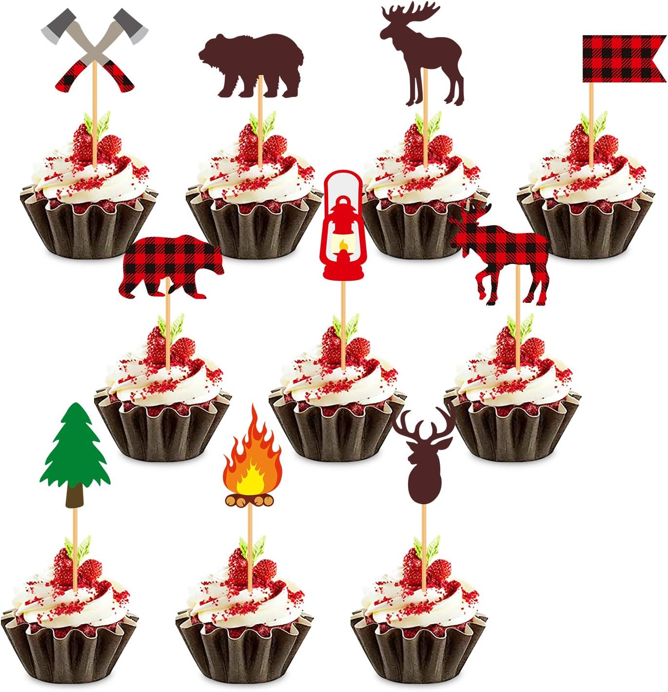 40 Pcs Lumberjack Cupcake Toppers Buffalo Plaid Baby Bear Cake Picks Decorations for woodland Birthday Baby Shower Camping Theme Party Favors Supplies