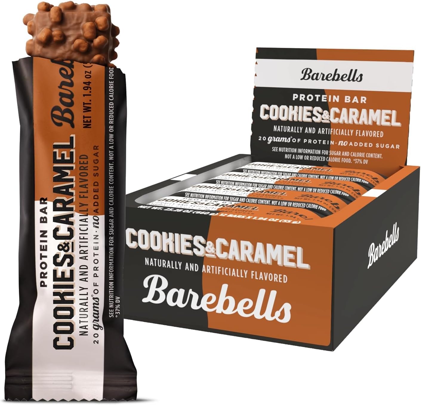 Barebells Protein Bars Cookies and Caramel - 12 Count, 20g High Protein Treats - Chocolate Nutrition Bar with 1g Total Sugars - On-The-Go Breakfast or Post-Workout Snack