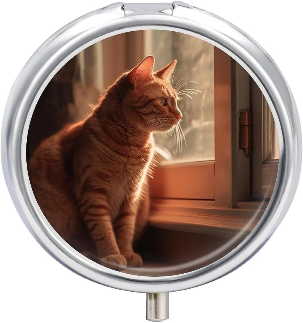 Cat Sitting on Windowsill Pill Box 3 Compartment Small Pill Case Portable Pill Box for Pocket Or Purse Round Metal Pill Box Cute Medicine Organizer Holder to Hold Vitamins Medication