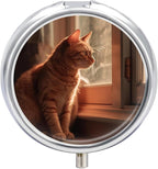Cat Sitting on Windowsill Pill Box 3 Compartment Small Pill Case Portable Pill Box for Pocket Or Purse Round Metal Pill Box Cute Medicine Organizer Holder to Hold Vitamins Medication