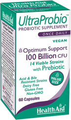 HealthAid UltraProbio, 100 Billion 60ct Once Daily Capsules, Optimum Support 100 Billion with Prebiotic, Acid & Bile Resistant, Dairy & Gluten Free, Non-GMO, Vegan, 14 Viable Strins.