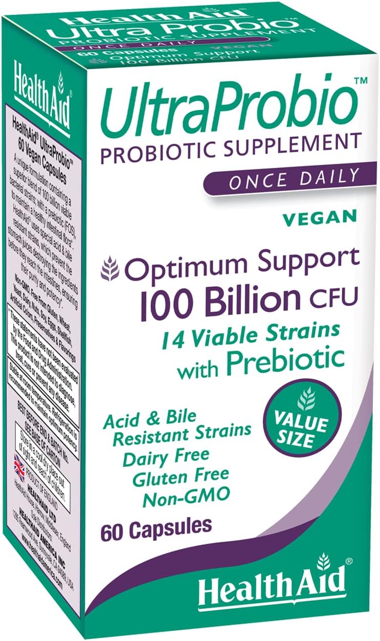HealthAid UltraProbio, 100 Billion 60ct Once Daily Capsules, Optimum Support 100 Billion with Prebiotic, Acid & Bile Resistant, Dairy & Gluten Free, Non-GMO, Vegan, 14 Viable Strins.