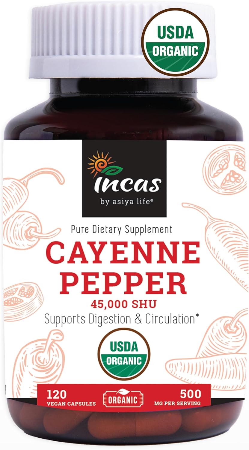 INCAS 100% USDA Organic Cayenne Pepper 120 Capsules (500mg) 45,000 SHU Traditional Digestion & Circulation Support Pure, No Additives & Fillers | 120 Servings