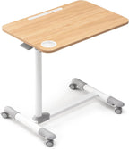 ETHU Overbed Table with Hydraulic Lift, 27.1-34.2 Inch Height Adjustable Bed Table with Lockable Casters - Wood Grain Tabletop with Cup Holder & Charging Slot, 22lbs Capacity Rolling Bedside Desk
