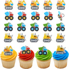 DecoPac Construction Rings, Cupcake Decorations, Construction Vehicle Cupcake Toppers, Mixer Truck, Excavator, Dump Truck & Bulldozer, Food Safe Cake Topper – 24 Pack
