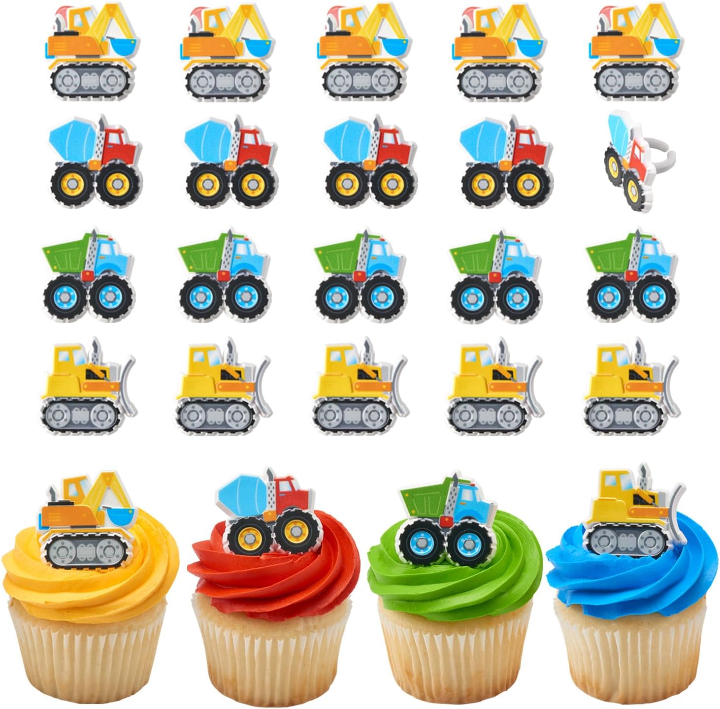 DecoPac Construction Rings, Cupcake Decorations, Construction Vehicle Cupcake Toppers, Mixer Truck, Excavator, Dump Truck & Bulldozer, Food Safe Cake Topper – 24 Pack
