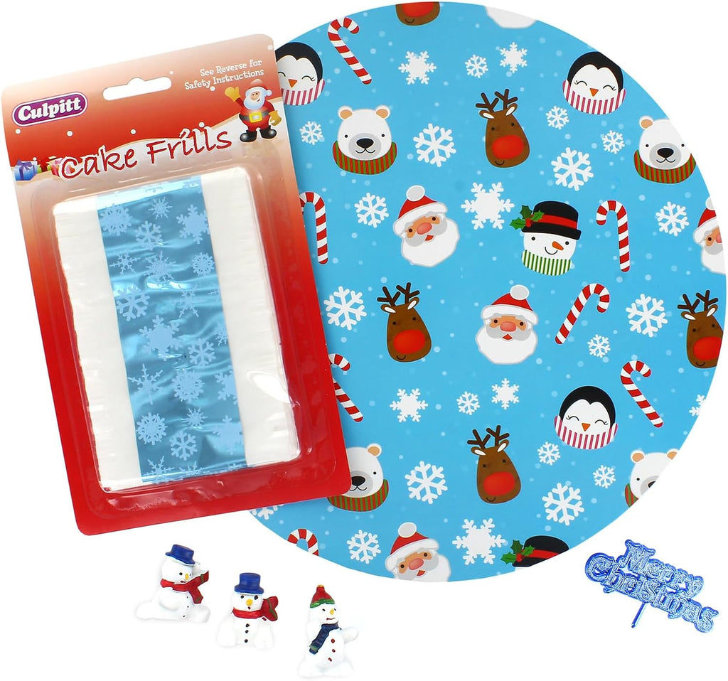 Culpitt Snowman Christmas Cake Kit, 10" Festive Cake Board, Silver Cake Frill, and Cake Toppers Including Snowmen and Blue Merry Christmas Plaque - 6 Piece Set