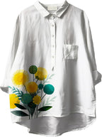 Women's Button Down Dandelion Print Shirts V Neck Roll Up Long Sleeve T-Shirt Dressy Oversized Loose Fit Casual Tops