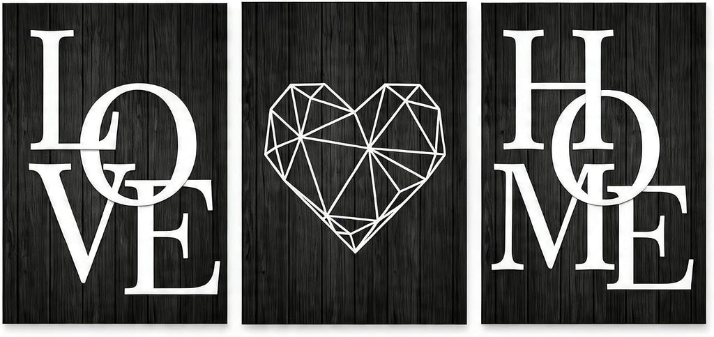3 Piece Geometric Heart Canvas Wall Art Set - Black Wood Grain Modern Minimalist Prints Unframed Ready to Hang, 16x24 Inch for Living Room Bedroom