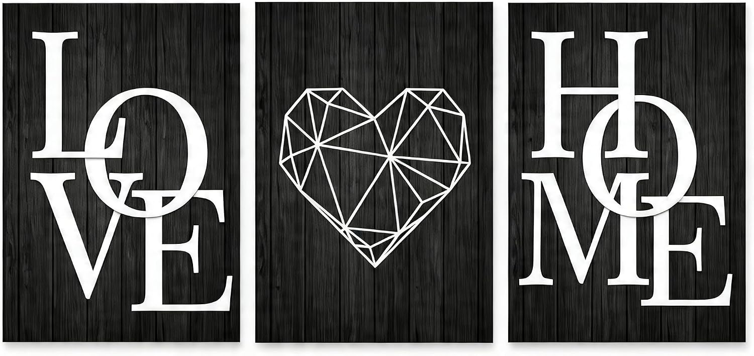 3 Piece Geometric Heart Canvas Wall Art Set - Black Wood Grain Modern Minimalist Prints Unframed Ready to Hang, 16x24 Inch for Living Room Bedroom