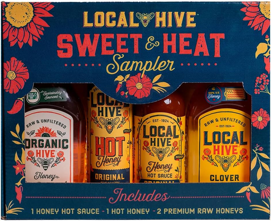 Local Hive Sweet & Heat Sampler – 4-Pack | Original Hot Honey, Organic Hive 12 oz, Clover Honey 12 oz & Original Hot Sauce | Perfect for Drizzling, Cooking & Elevating Every Bite