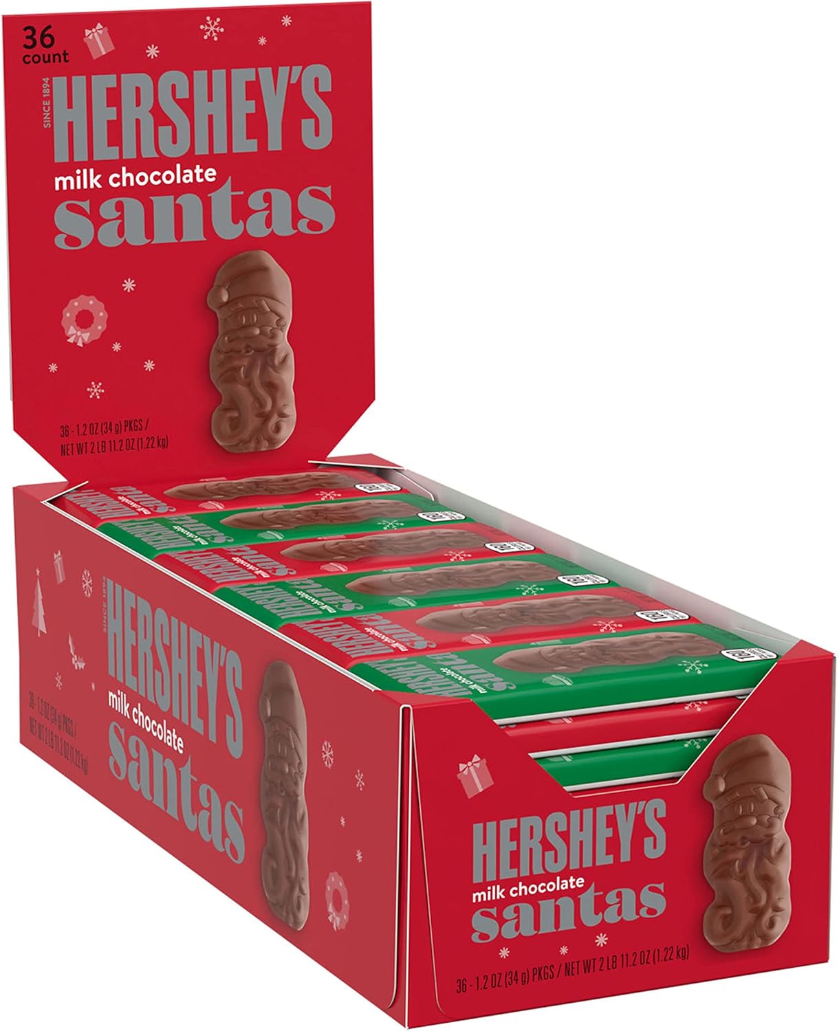 HERSHEY'S Milk Chocolate Santas, Christmas Candy Bars, 1.2 oz (36 Count)