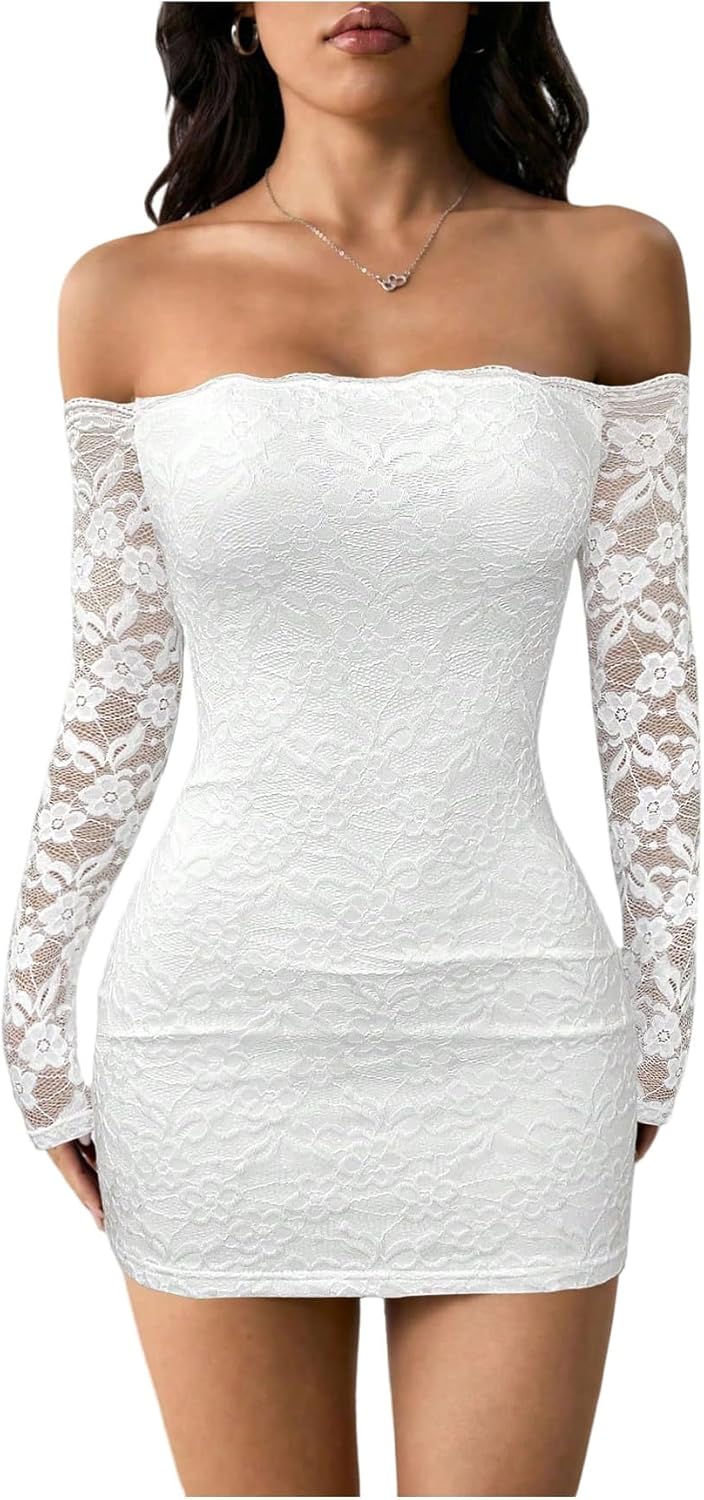 Floerns Women's Off The Shoulder Bodycon Dress Lace Long Sleeve Party Mini Dresses