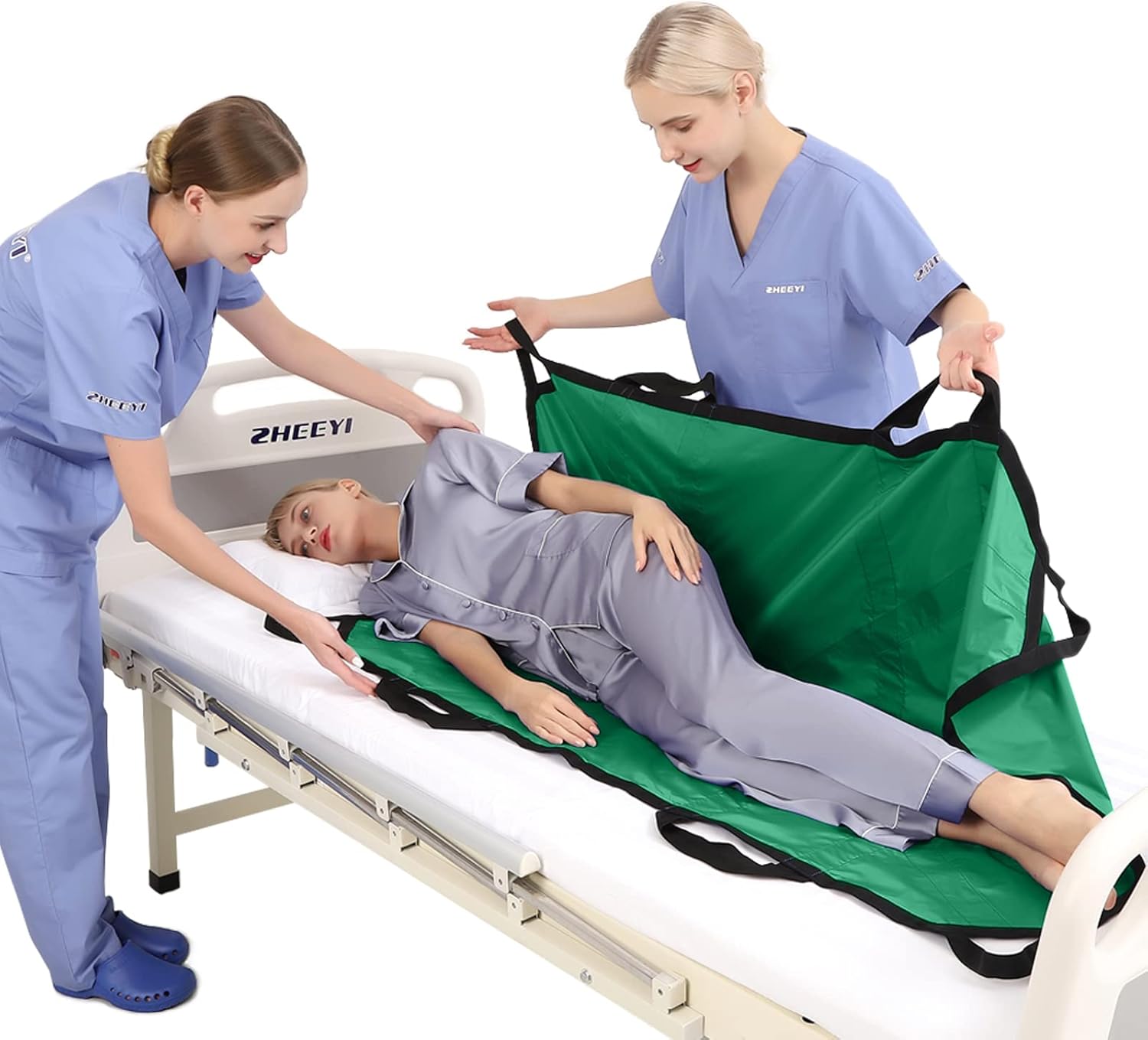 Multipurpose 55" x 36" Positioning Bed Pad with Reinforced Handles - Reusable & Washable Patient Sheet for Turning, Lifting & Repositioning - Double-Sided Nylon Fabric, Green