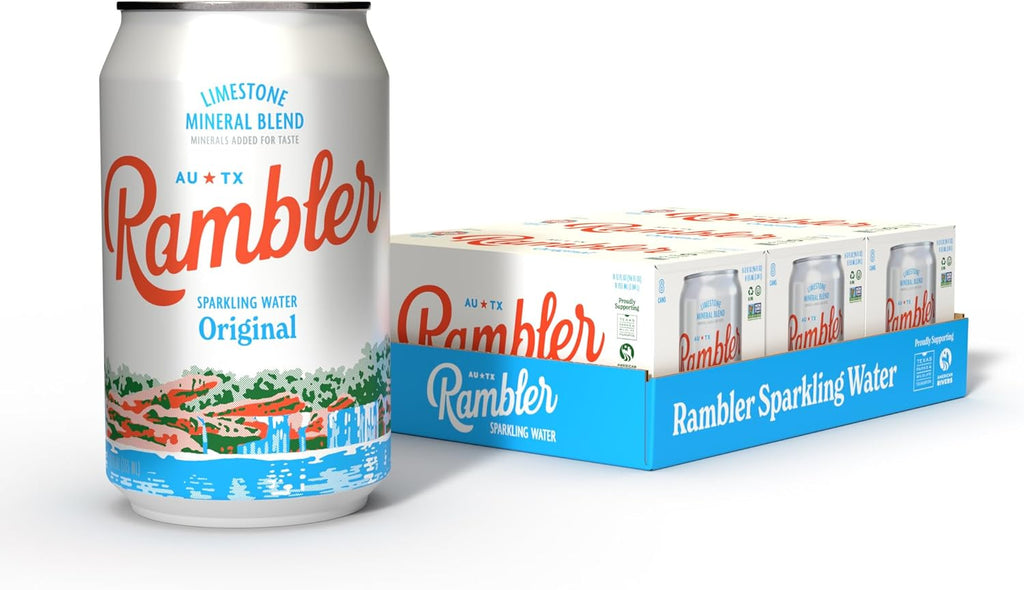 AUTX RAMBLER Sparkling Water, Texas Limestone Mineral Blend, Original Natural Flavor, 12-Ounce Cans, Three 8-Packs (24 Cans)