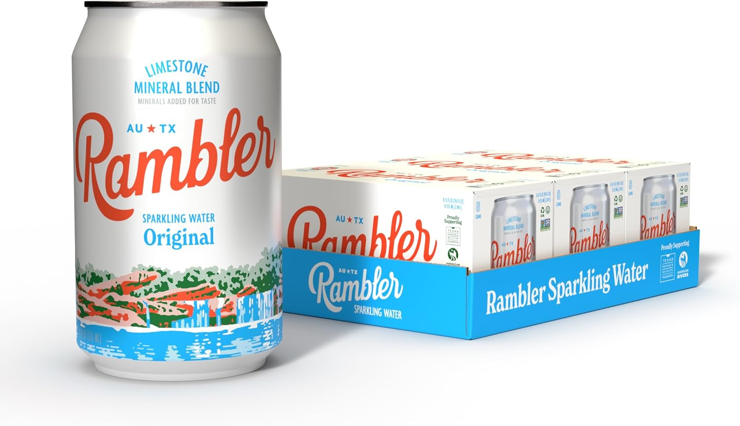 AUTX RAMBLER Sparkling Water, Texas Limestone Mineral Blend, Original Natural Flavor, 12-Ounce Cans, Three 8-Packs (24 Cans)