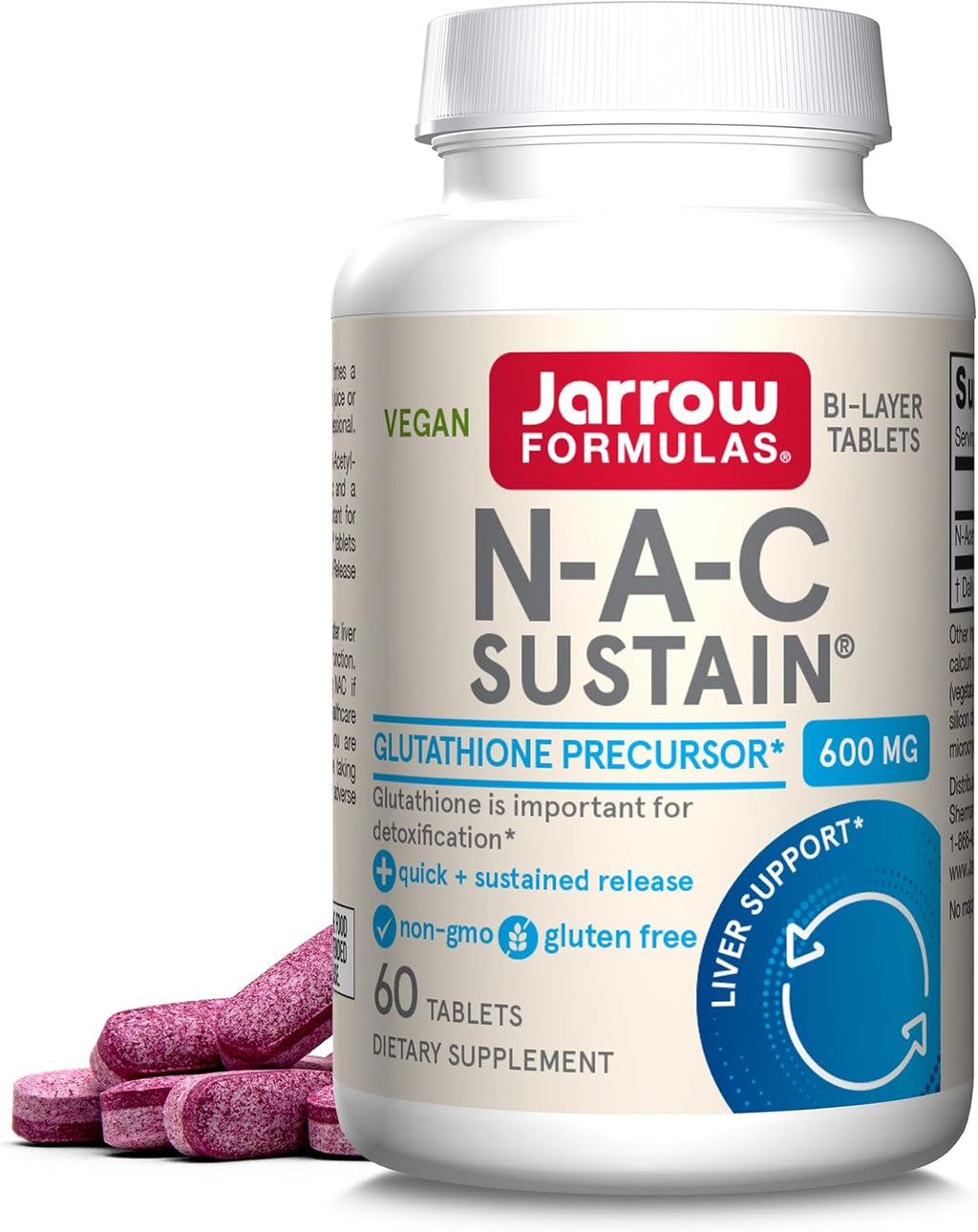 Jarrow Formulas N-A-C Sustain 600 mg, Dietary Supplement, NAC 600 mg, an Antioxidant Amino Acid Support for Liver Health, 60 Tablets, 60 Day Supply