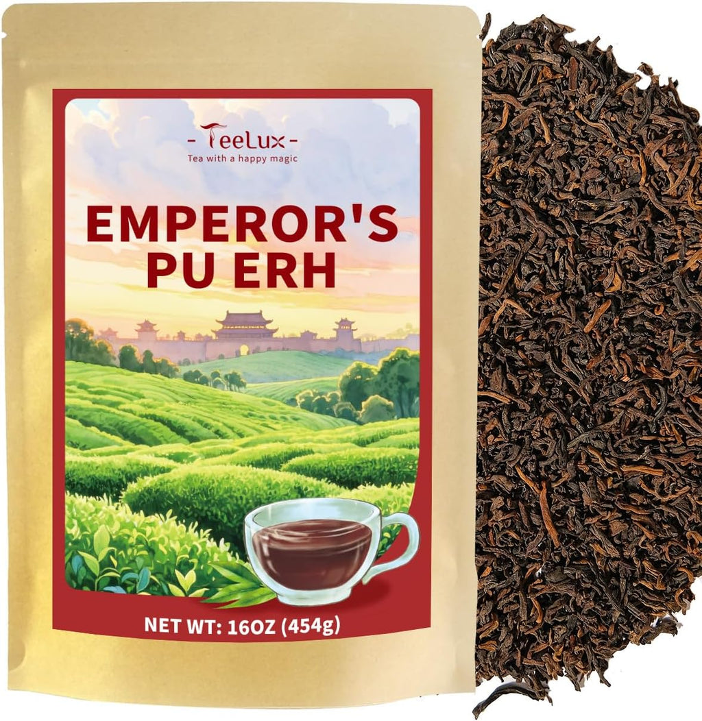 TeeLux Emperor Pu-erh Tea Loose Leaf, Fermented Yunnan Dark Tea, Smooth & Mellow Flavor, 16oz