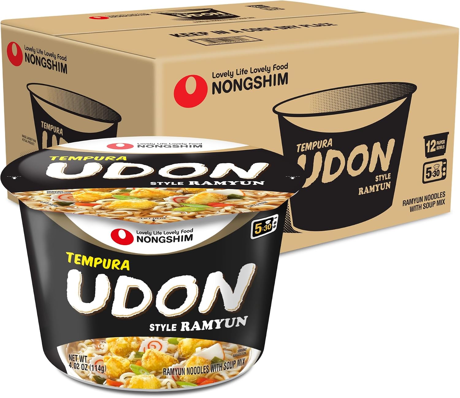 Nongshim Tempura Udon Style Noodle Soup Big Bowl, Deep & Rich Umami Flavor, Savory Broth, Microwavable, Chewy Noodles, 4.02 oz (Pack of 12)