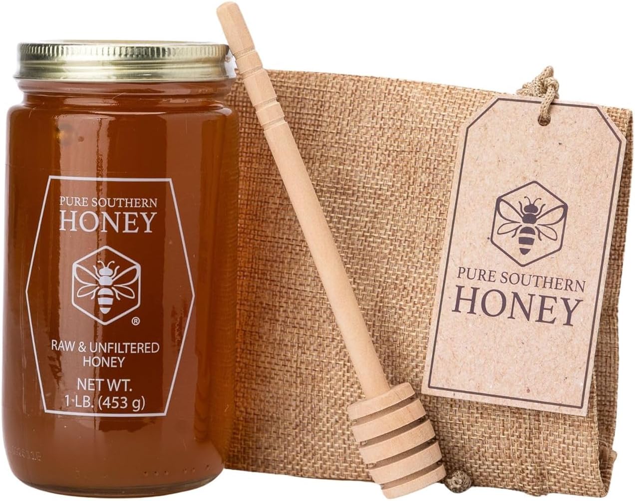 100% Authentic, USA - Made Raw Unfiltered Gourmet Honey Gift Set with Dipper by Pure Southern Honey [ 1 lb] - Unheated - Non - GMO, No Additives, All - Natural Sweetener- Environmental-Friendly Glass Jar