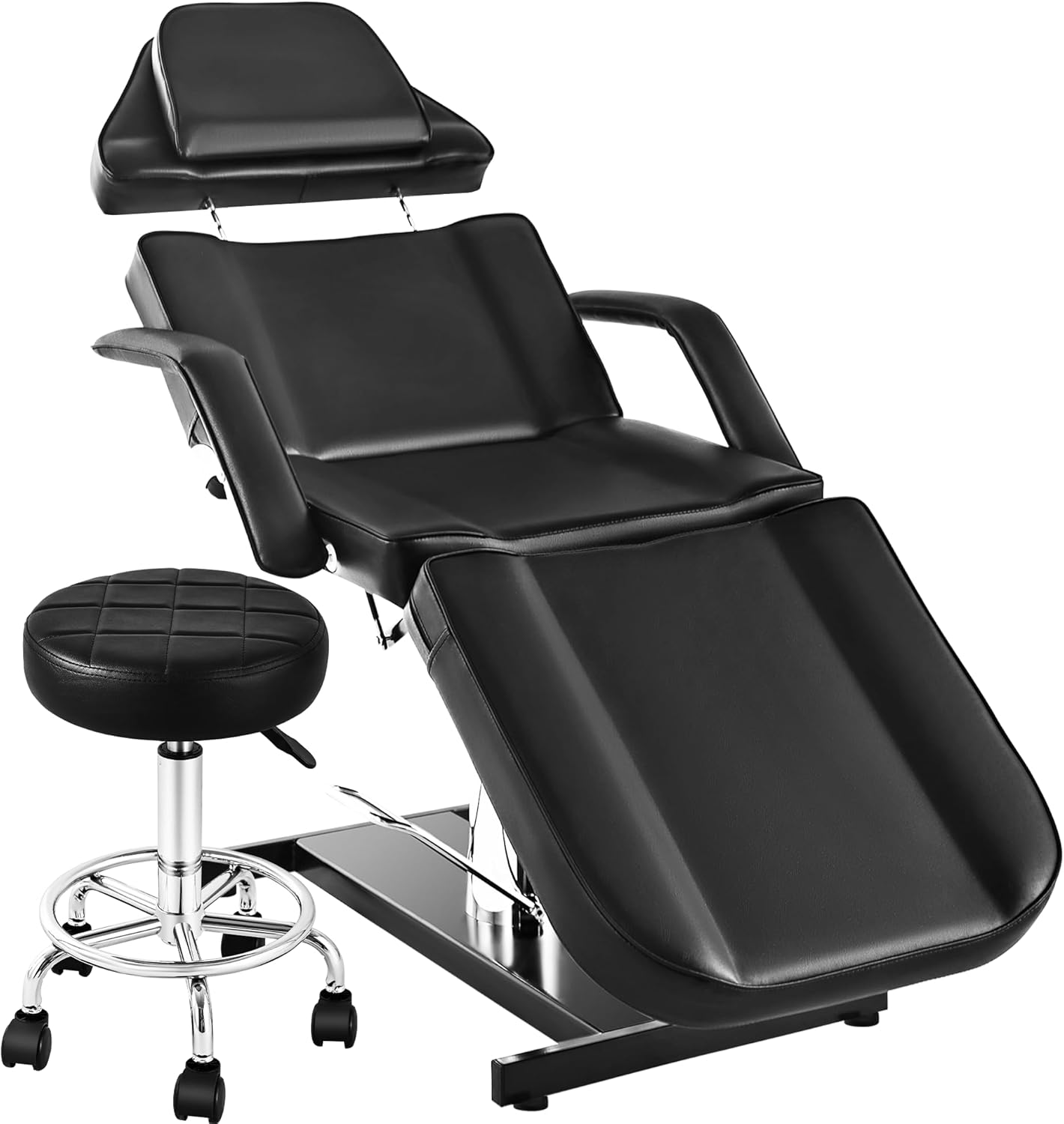 Facial Tattoo Chair for Client, Hydraulic Esthetician Lash Bed with Rolling Stool, 360° Swivel Adjustable Headrest Tattoo Artist Massage Table Beauty Salon Spa Equipment, Black