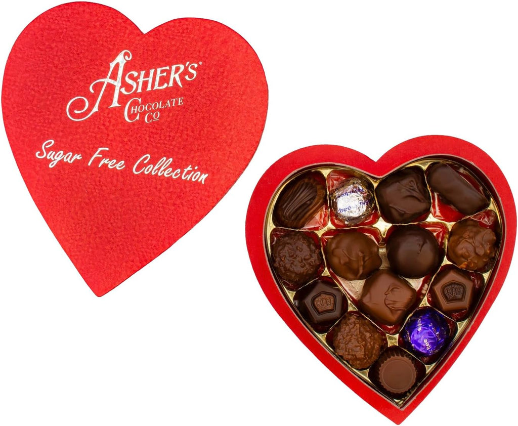 Asher's Chocolates, Sugar Free Chocolate Heart Shaped Assortment, Diabetic Friendly Chocolate, Small Batches of Kosher Chocolate, Giftable Design, Family Owned Since 1892 (14 Pieces, 7oz)
