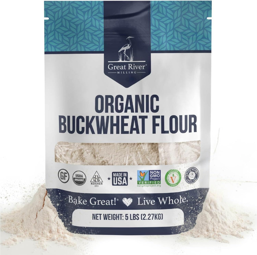 Great River Milling Organic Buckwheat Flour | Gluten Free Flour Alternative | USDA Organic, Non-GMO, Kosher | Ideal for Crepes, Pancakes, Waffles, Baking & More | 5 Lb