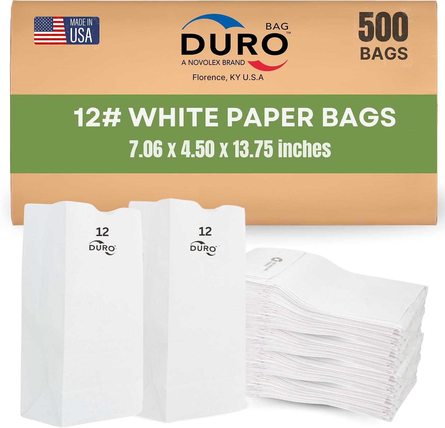 Duro 12# White Paper Lunch Bags 500 Count, Bulk Disposable SOS Paper Bags for Bread, Bagel, Deli & Restaurant Takeout or Delivery - 7.06 x 4.50 x 13.75 Inches