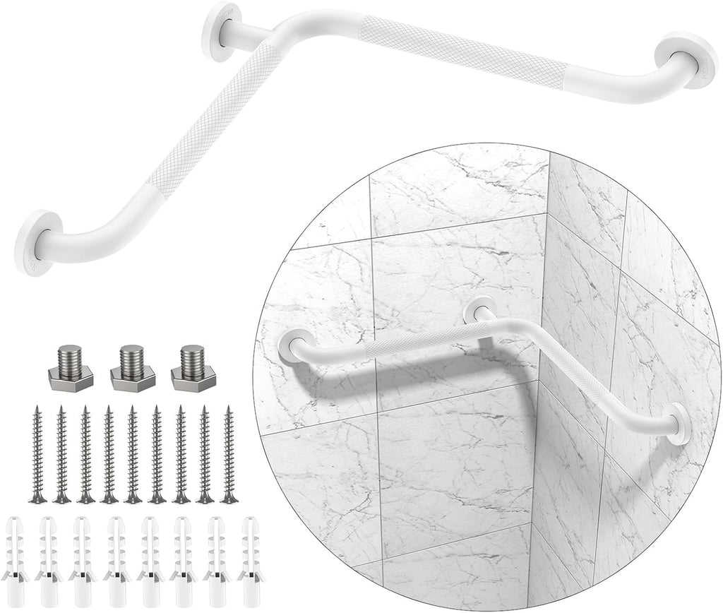 16 Inch Angled Shower Grab Bar, Munzong Anti Slip White Bathroom Grab Bar, L-Shaped Knurled Balance Bar, Safety Hand Rail Support Handicap Elderly Injury Senior Assist Bath Handle