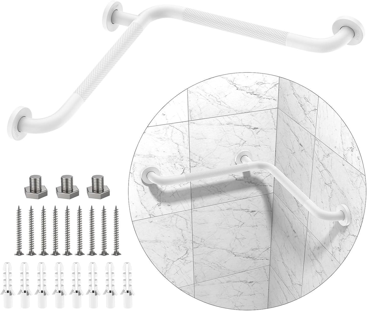 16 Inch Angled Shower Grab Bar, Munzong Anti Slip White Bathroom Grab Bar, L-Shaped Knurled Balance Bar, Safety Hand Rail Support Handicap Elderly Injury Senior Assist Bath Handle