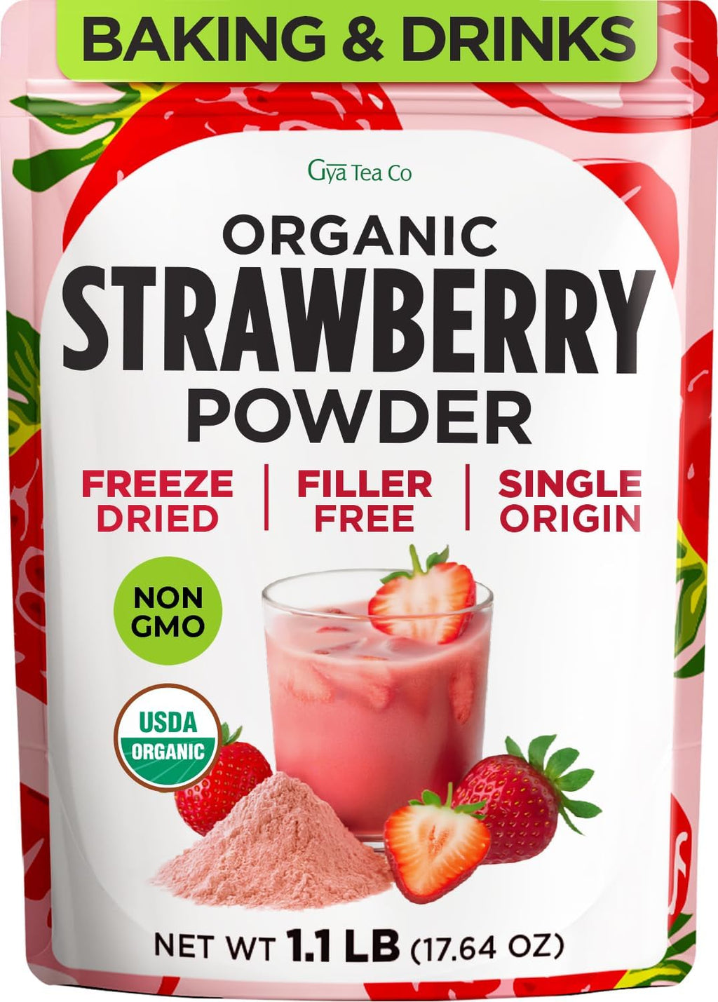 USDA Organic Freeze Dried Strawberry Powder for Smoothies, Baking & Frosting — 100% Pure Strawberries, Easy Mixing, No Fillers — Strawberry Milk, Yogurt, Desserts — 1.1 LB Bulk (71 Servings) | Gya Tea Co