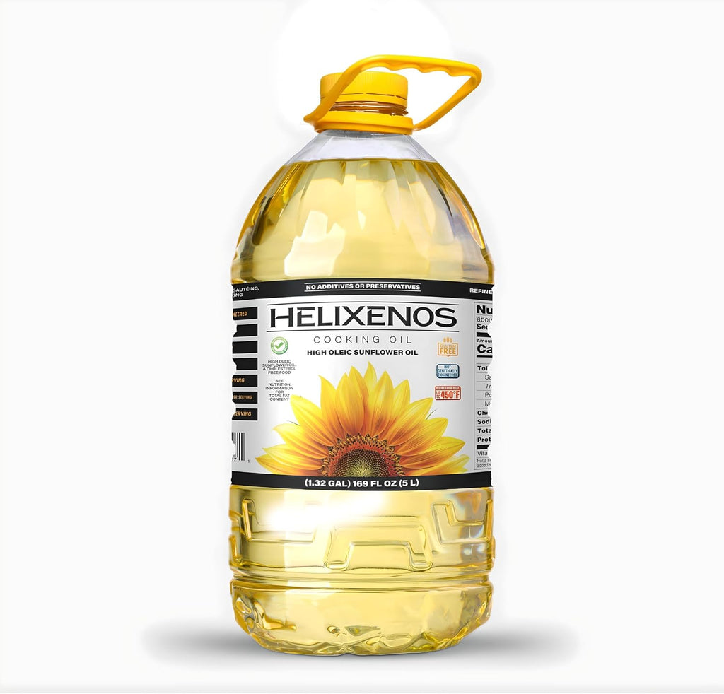 HELIXENOS High Oleic Sunflower Oil – Refined, Deodorized & Winterized, Non-GMO, Gluten-Free, Heart-Healthy Cooking Oil for Frying, Baking, Salad Dressing & Skincare – (169 Fl Oz x1)
