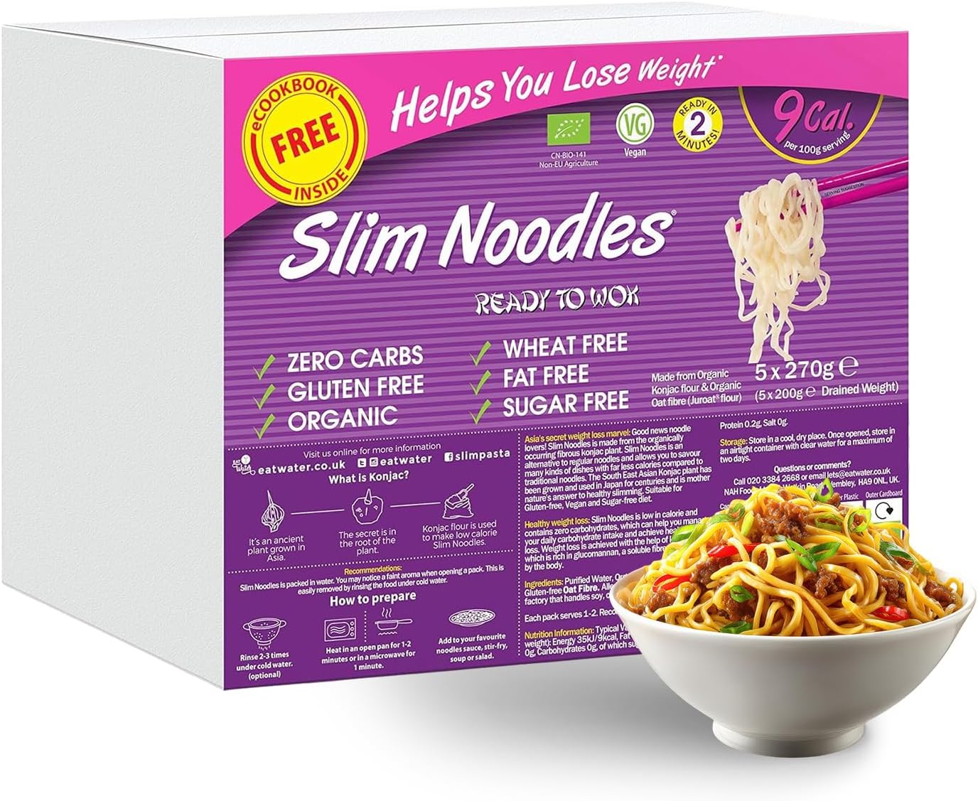 Eat Water Slim Pasta Noodles (Pack of 5, 270g Each) Zero Carbohydrate | Keto, Paleo & Vegan Friendly | Zero Sugar, Low Calorie (9 kcal/100g) Made from Konjac Flour | Enviro Pack
