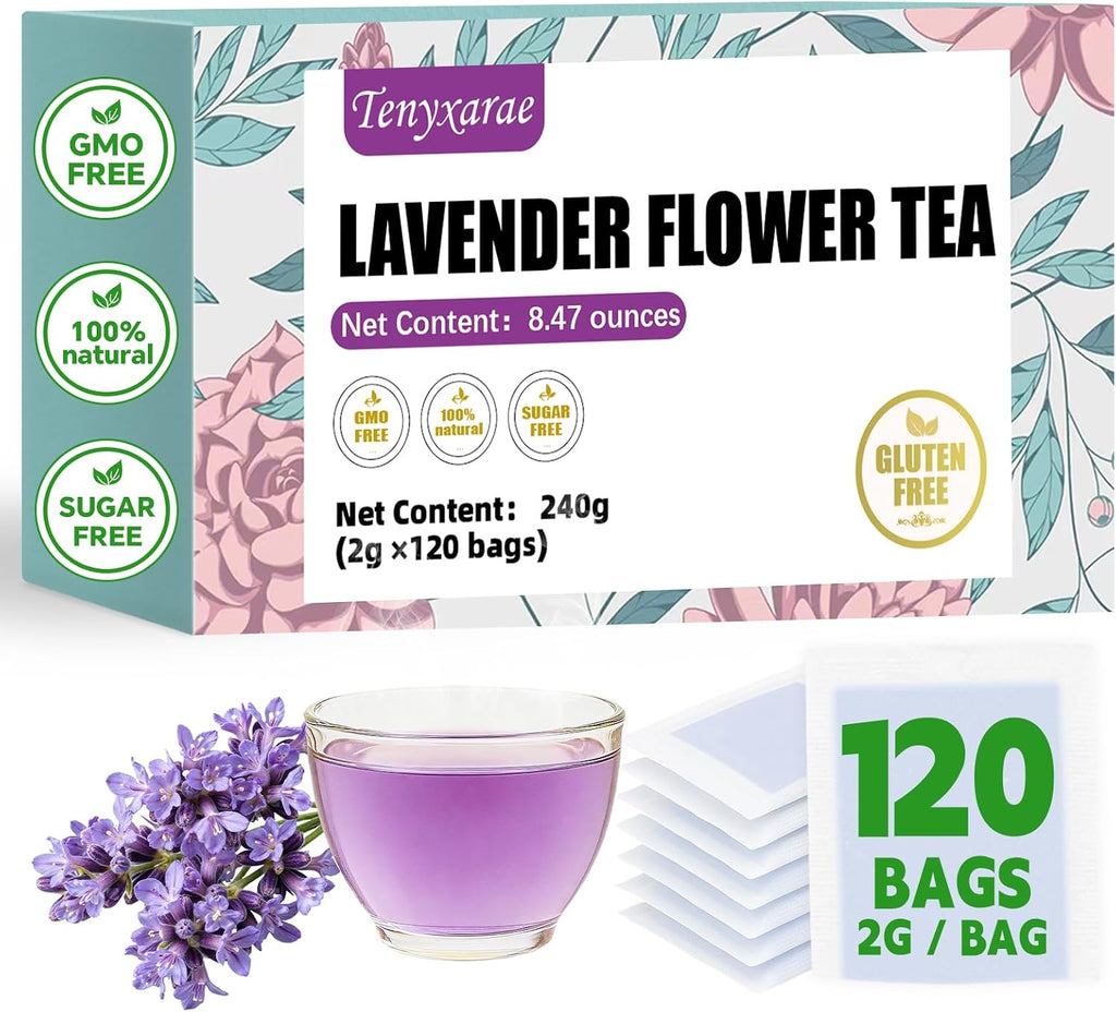Lavender Flowers Tea Bags-120 Teabags, 2g/Bag, Made with 100% Natural Lavender Flowers. Helps with Relieve Fatigue and Antioxidation|Caffeine-Free|Sugar-Free|Gluten-Free|Vegan Eco-Friendly Tea Bags