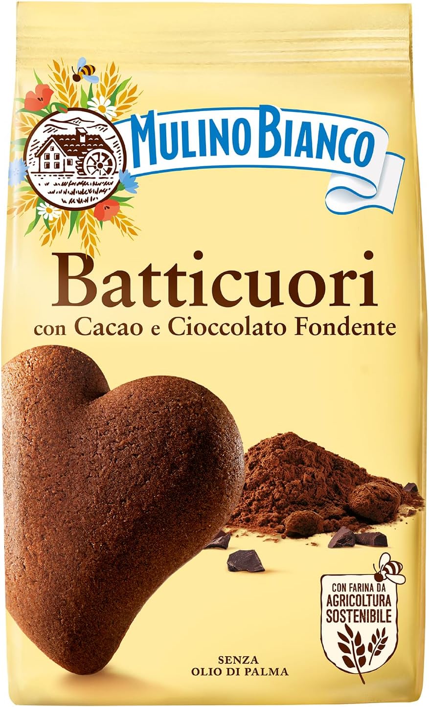 Mulino Bianco Batticuori 12.35oz (350g) – Authentic Italian Heart-Shaped Cocoa Biscuits – Perfect for Coffee, Tea, or Snacks – Made with Natural Ingredients and No Palm Oil