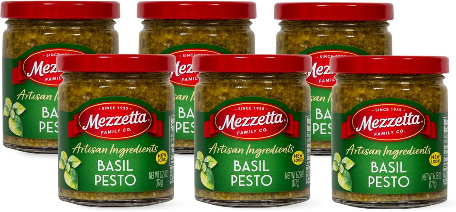 Mezzetta Artisan Ingredients Basil Pesto 6.25 Ounce Jar- Traditional Italian Pesto alla Genovese with Fresh Basil, Parmesan & Pine Nuts - Rich & Savory Sauce for Pork, Pasta & More (Pack of 6)
