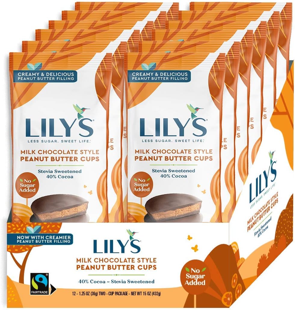 Lily's Sweets Milk Chocolate Style Peanut Butter Cups by | Stevia Sweetened, No Added Sugar, Low-Carb, Keto-Friendly, Gluten-Free & Non-Gmo | 12 Pack, 2 Cups per Pack