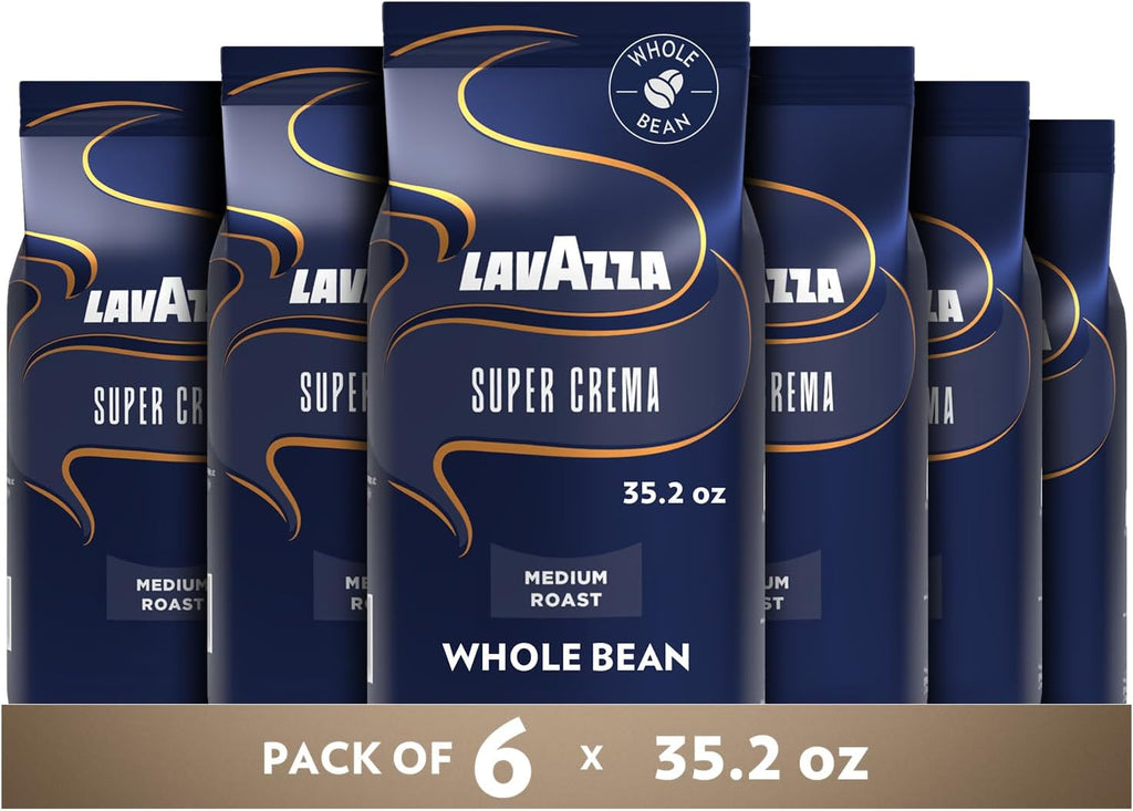 Lavazza Super Crema Whole Bean Coffee, Medium Espresso Roast, Arabica and Robusta Blend, 2.2 lb Bag, Package May Vary (Pack of 6)