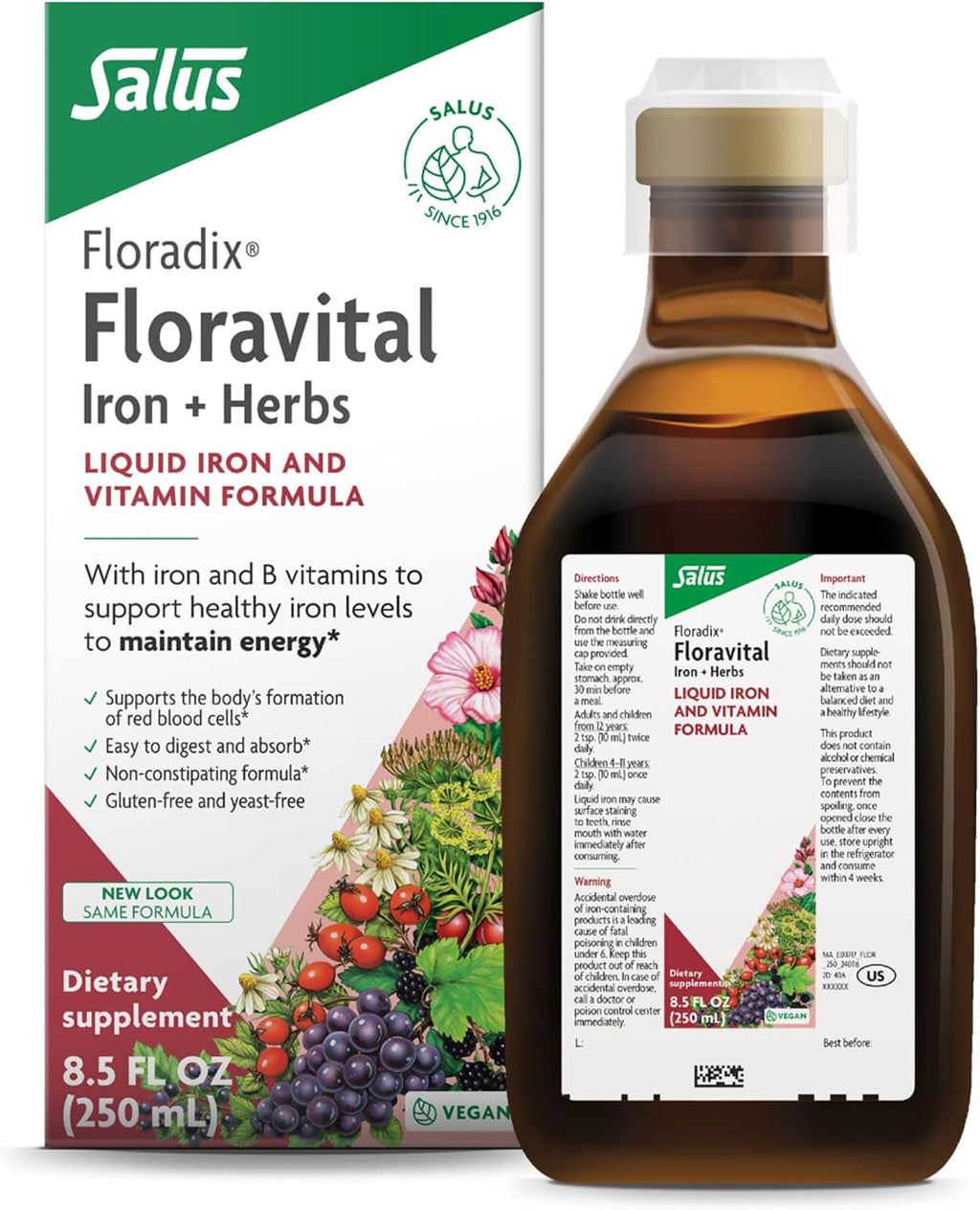 Floradix Floravital Liquid Iron & Vitamin Formula - Liquid Iron Supplement with Ferrous Gluconate, C & B Vitamins & Herbs for Energy Support - Vegan, Gluten-Free, Yeast-Free & Non-GMO - 8.5 Fl Oz