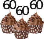 Sumerk 24PCS 60 Cupcake toppers Black Glitter 60th Birthday Cupcake Picks Anniversary Party Decorations