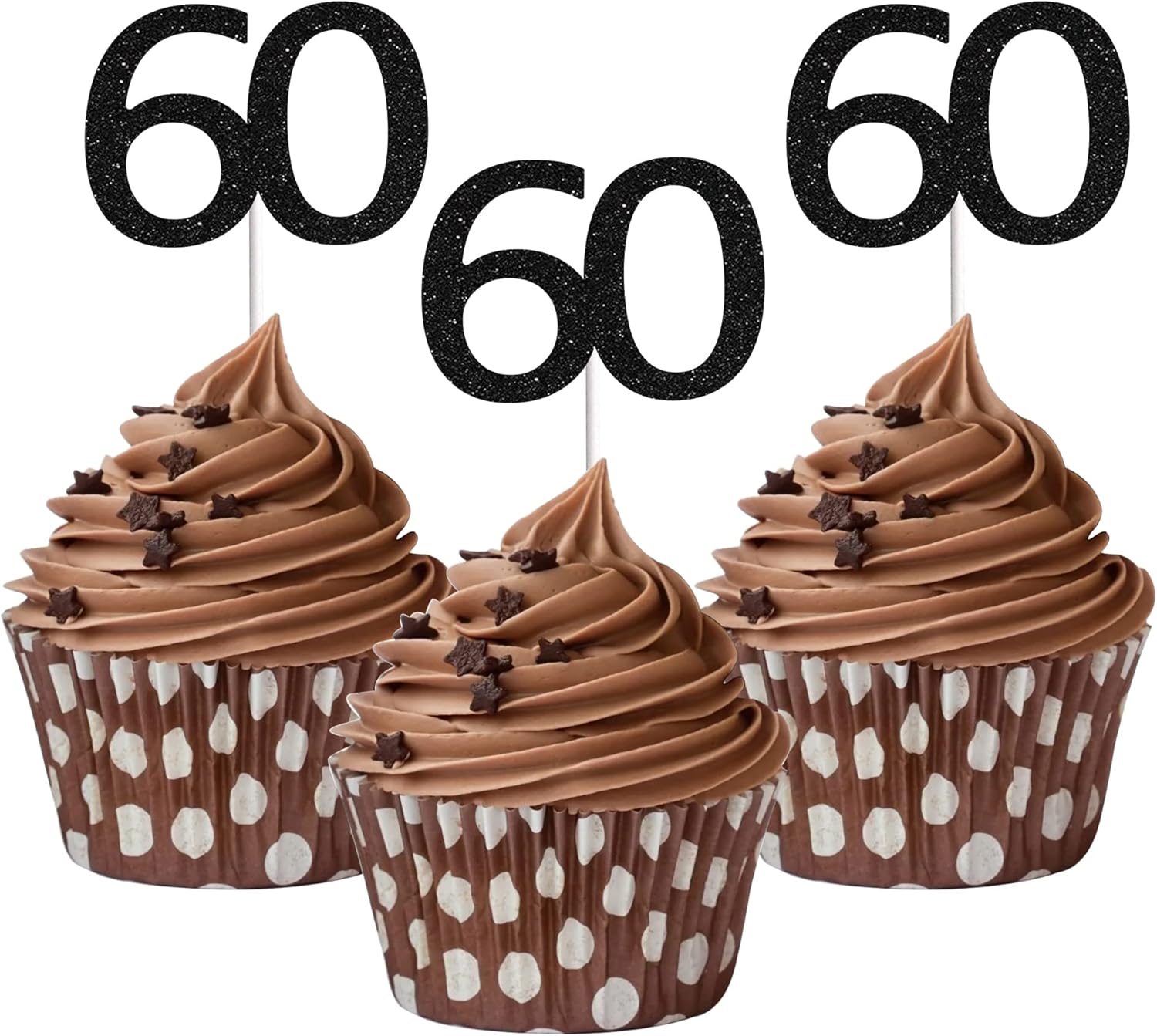 Sumerk 24PCS 60 Cupcake toppers Black Glitter 60th Birthday Cupcake Picks Anniversary Party Decorations