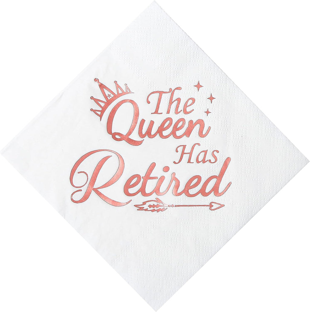 Retirement Party Decorations for Women - Happy Retirement Decorations Rose Gold Foil Cocktail Napkins 50 Pack,5"x 5" Folded, The Queen Has Retired