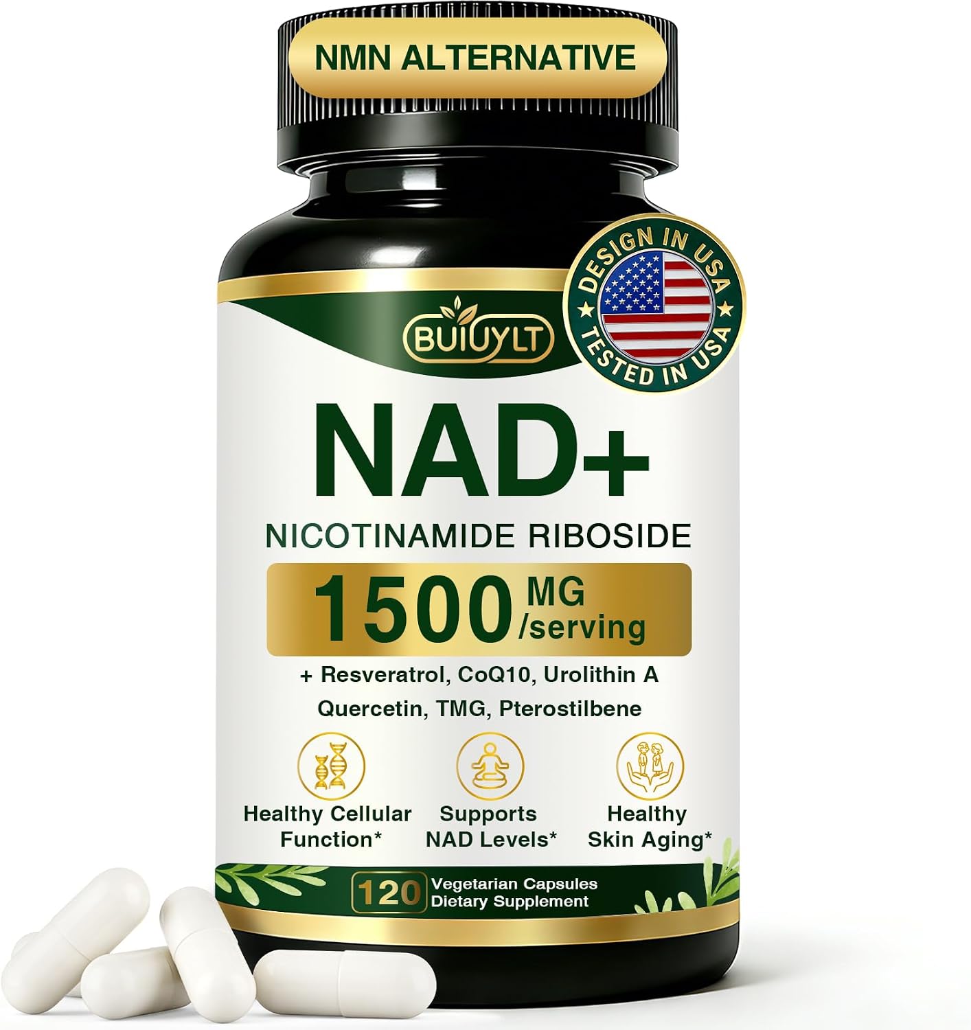 NAD+ Supplement 1500mg, NR NMN Replacement with Resveratrol, Urolithin A, CoQ10 & Quercetin - NAD Plus for Cellular Energy, Healthy Aging & Stamina for Women & Men - 120 Capsules